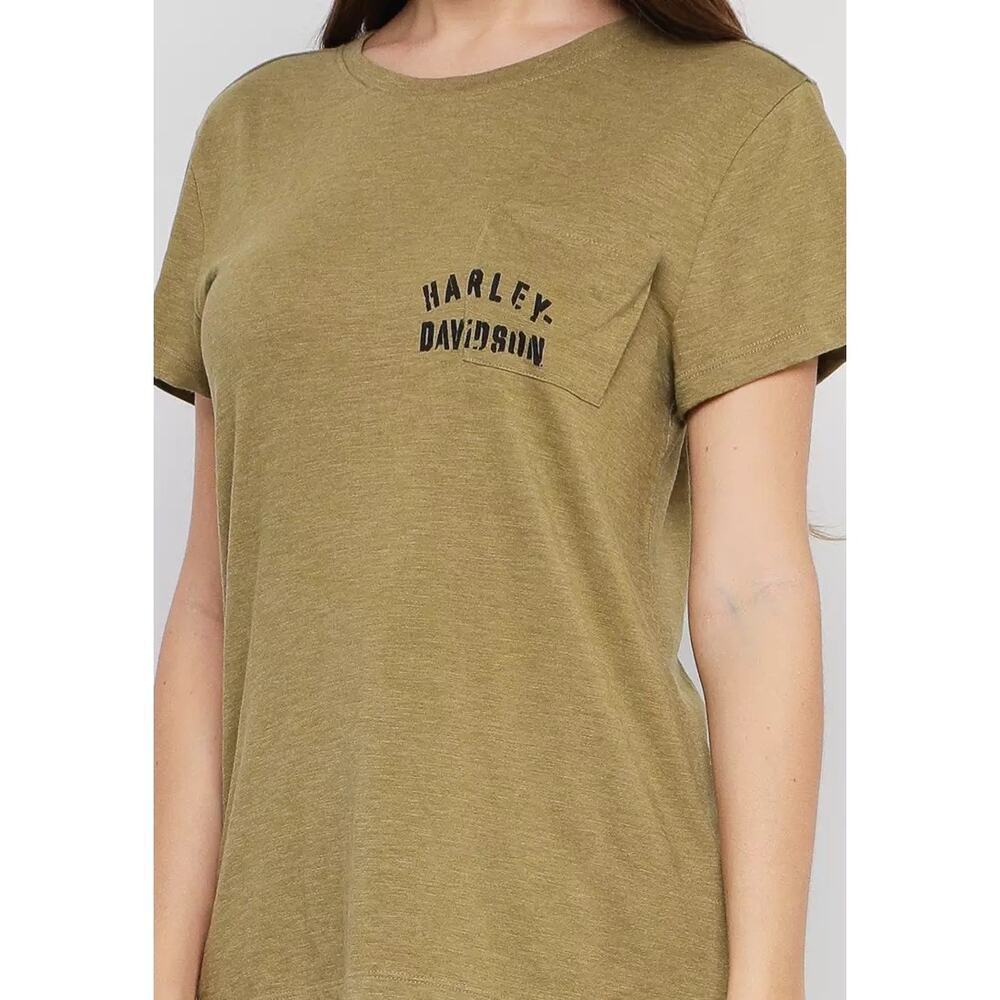 Harley Davidson Women’s Large T Shirt Olive Tour Of Duty Pocket Relaxed Fit Tee